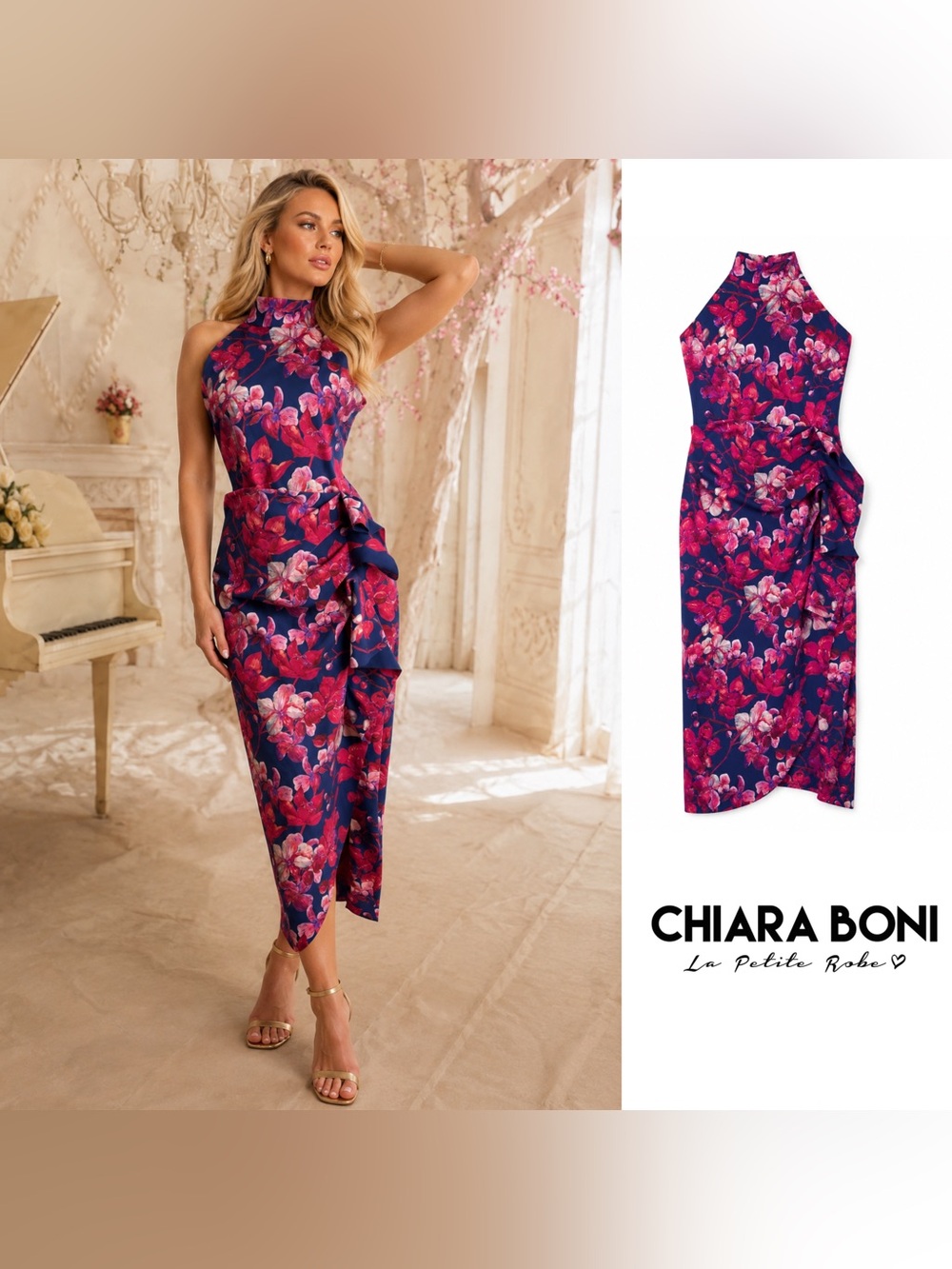 Chiara Boni Floral High-Neck Floral Midi Dress in Navy & Fuchsia